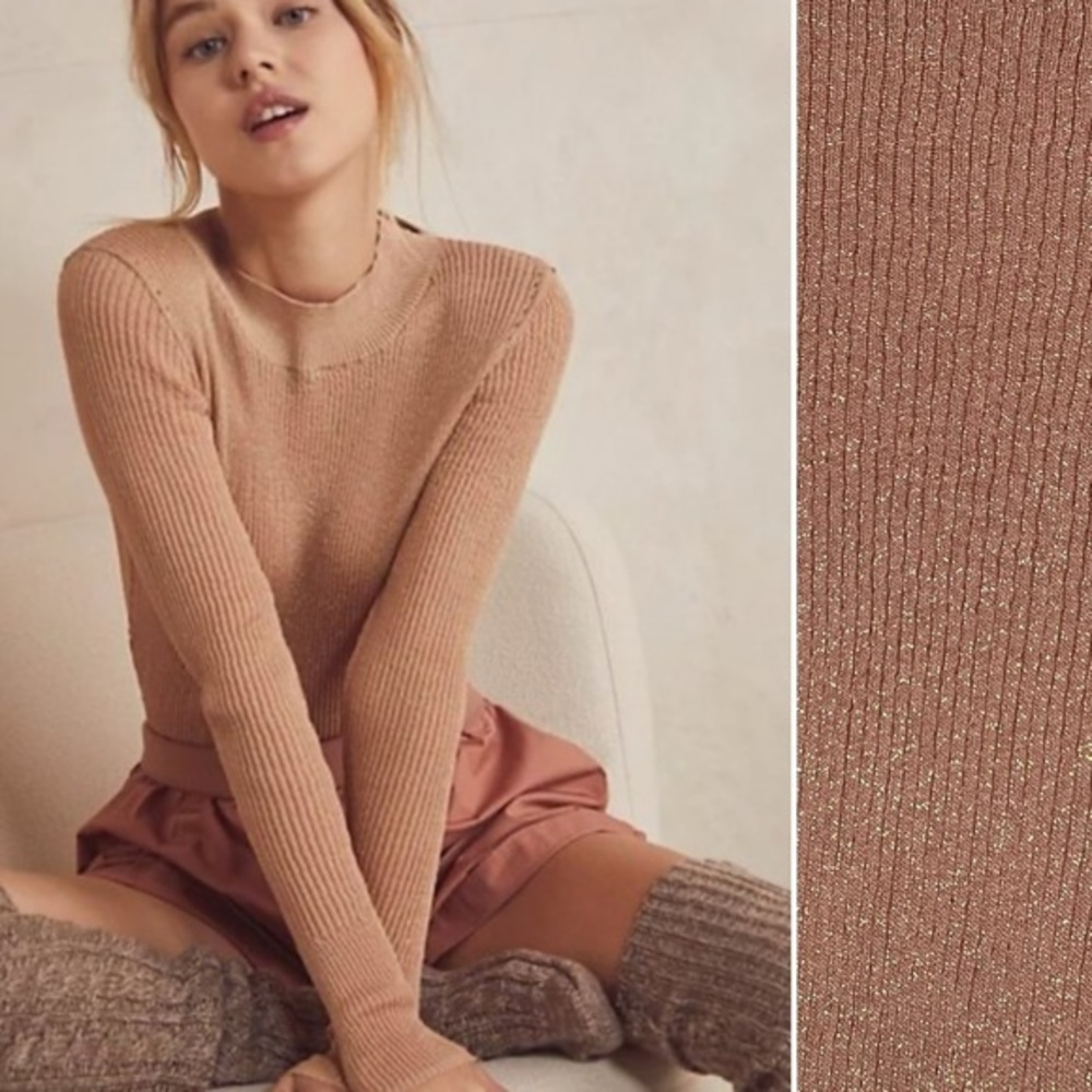 NEW Free People Balletcore Ribbed Sweater Bodysuit, Tan Nude Shimmer, size M